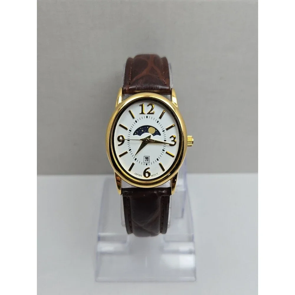 Womens Vintage Avon Moon Phase Date Womens Gold Tone Leather Watch New Battery
